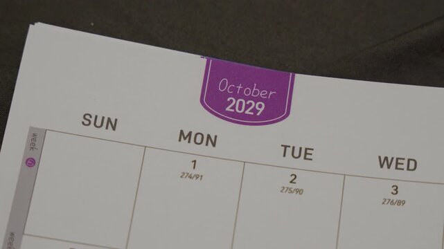 October 2029 planner page close up for monthly scheduling concept with calendar layout and time organization