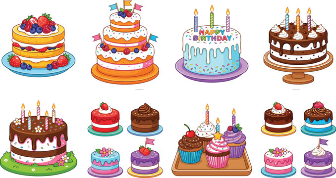 Large collection of colorful birthday cakes and cupcakes featuring chocolate frosting berries sprinkles and tiered party dessert vector illustrations