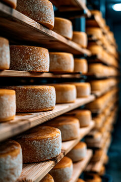 Aged cheese wheels ripening on wooden shelves in cellar