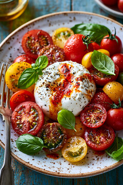 Burrata salad with heirloom tomato, basil, and olive oil