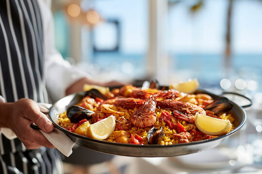 Chef serving seafood paella on sunny seaside restaurant terrace