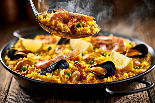 Steaming seafood paella with shrimp, mussel and lemon