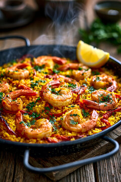 Steaming shrimp paella with saffron rice and lemon wedge