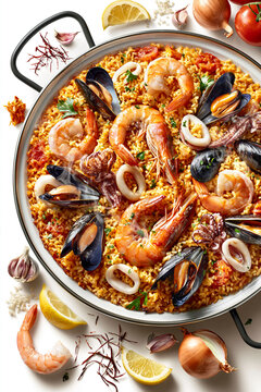 Seafood paella in pan with shrimp mussel and squid