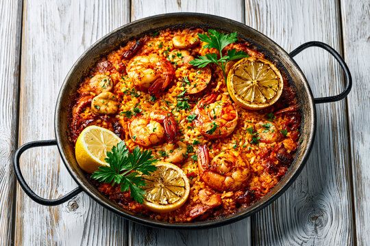 Seafood paella with shrimp, lemon and parsley in pan
