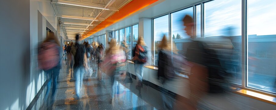 Blurred hallway with students moving past large windows