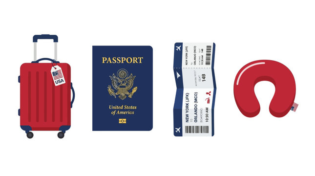 Travel essentials including luggage passport ticket and neck pillow
