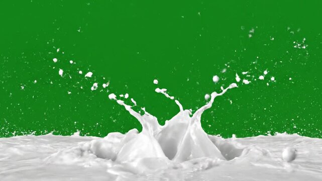 White liquid splash forming a crown shape with droplets against a vibrant green background