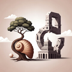 Tree growing from snail house beside building. © Vuny