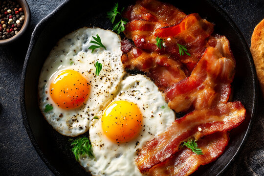 British breakfast with fried eggs and crispy bacon in pan