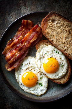 British breakfast plate with fried eggs, bacon and toast