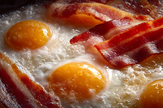 Close-up of British breakfast eggs frying with crispy bacon
