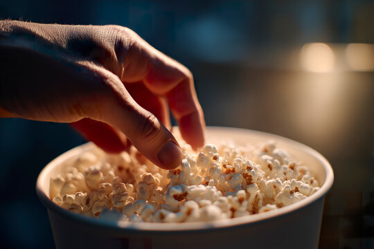 Hand grabbing popcorn in bowl for cine or movie night