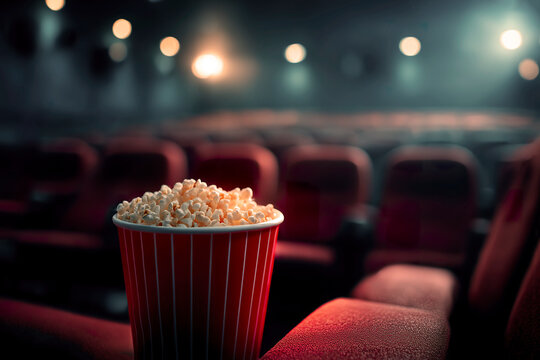 Popcorn bucket on cinema seat with lights in background