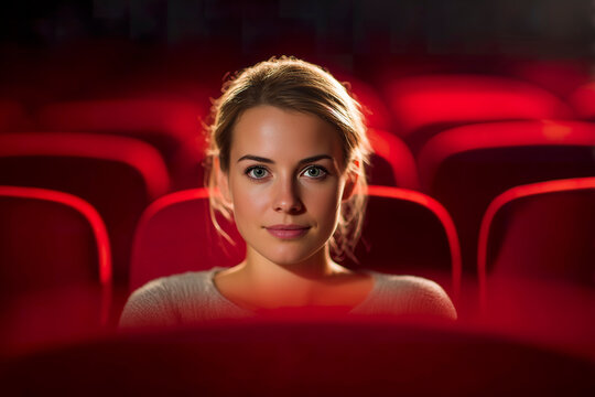 Young woman watching movie in red cinema seats at night
