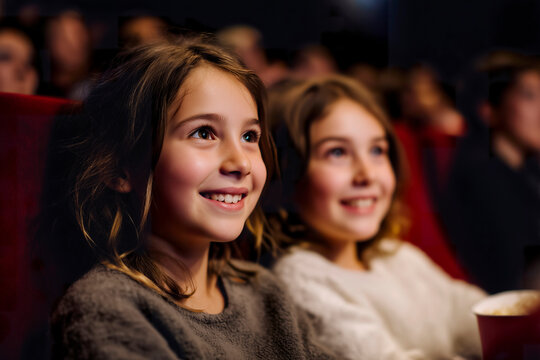 Kids smiling while watching a movie at the cinema