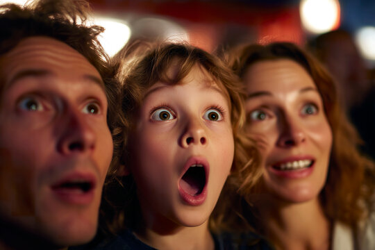 Family reacts with awe while watching a movie at cinema