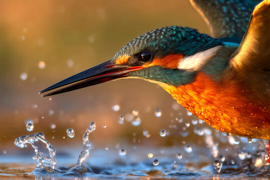Kingfisher in action over shimmering water