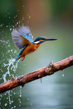 Kingfisher in graceful flight over water