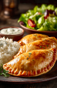 Delicious empanadas served with rice and salad