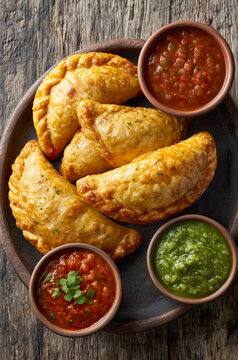 Deliciously golden empanadas with colorful salsas