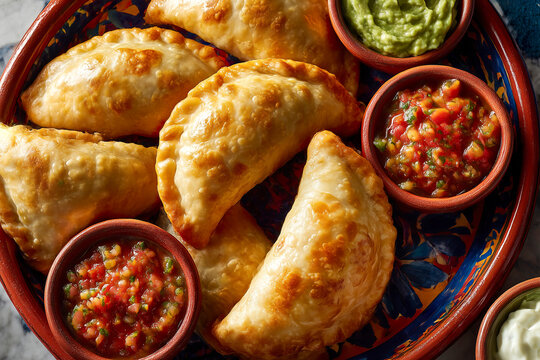 Delicious empanadas with assorted dips on a colorful plate