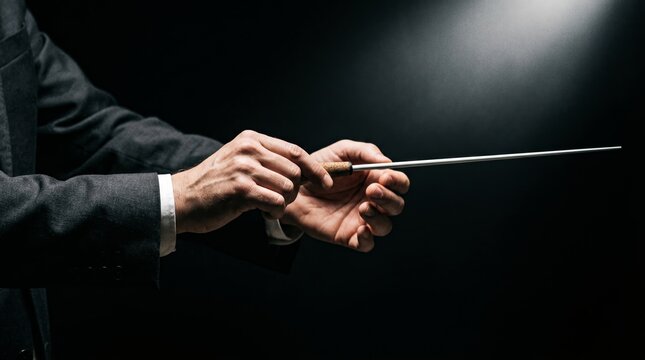 Close up of a conductor's hands holding a baton. Conceptual for music, leadership, and orchestral themes, valuable for advertising and editorial use. Generative AI.