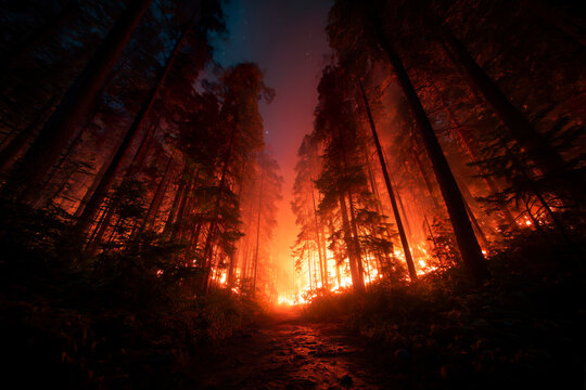 Intense summer wildfire in a dense forest