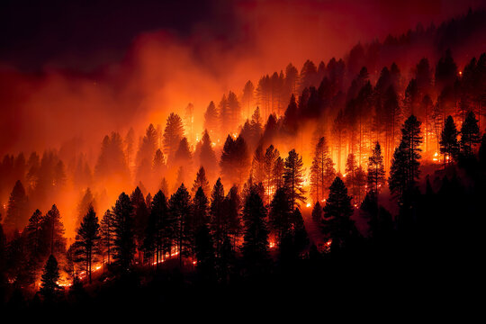 Forest fire raging through summer night landscape