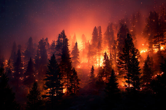 Intense summer forest fire under a starry night sky