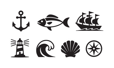 Obraz premium Nautical including ship lighthouse anchor fish waves seashell compass