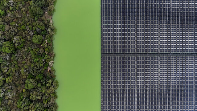 Aerial top down view of a floating solar panel farm on a green lake next to a lush forest