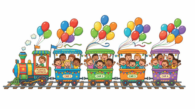 Colorful cartoon toy train carrying joyful children with balloons on bright track in playful celebration scene