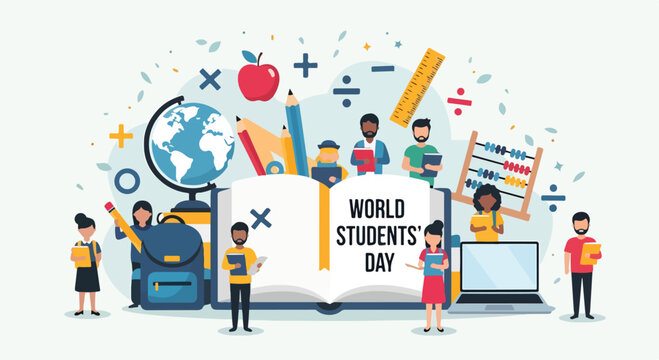 Colorful illustration celebrating students with books and school supplies