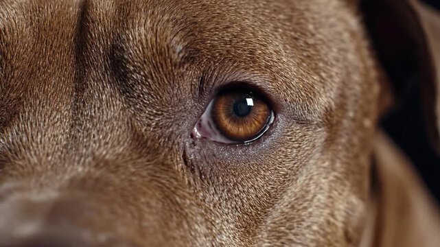 Extreme closeup of a brown dog eye showing detailed iris pupil and eyelid texture