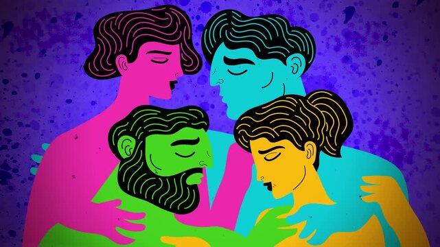 minimalist drawing of polyamorous and swinger couples sharing affection