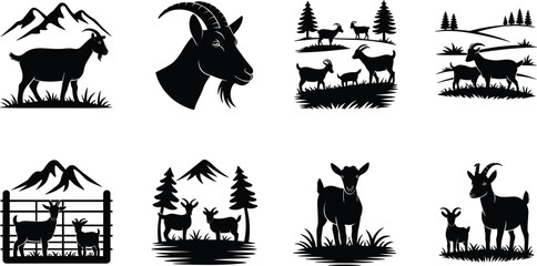 Obraz premium Mountain Goat Silhouette Collection with Farm Animals and Rustic Countryside Landscape Illustrations