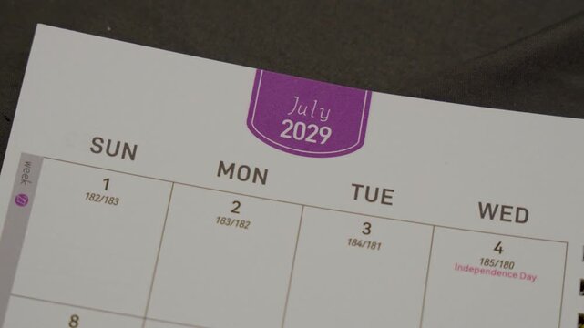July 2029 planner page close up for monthly scheduling concept with calendar layout and time organization