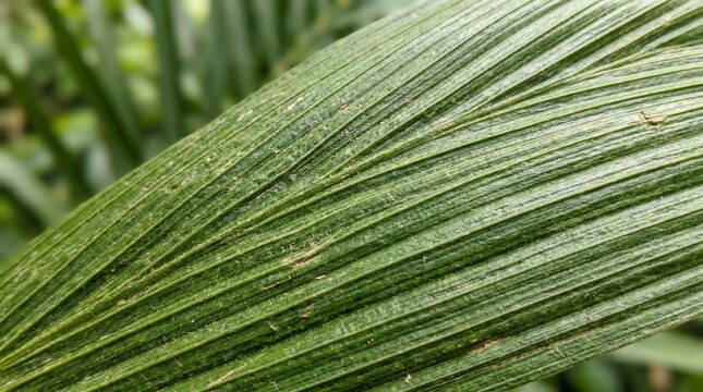 Detailed Close-Up of a Green Cycad Leaf Showing Natural Parallel Ribbed Patterns
