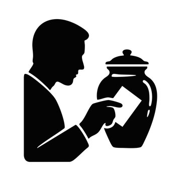Man placing love note behind cremation urn. Funeral and memorial service silhouette graphic. Minimalist flat design vector illustration