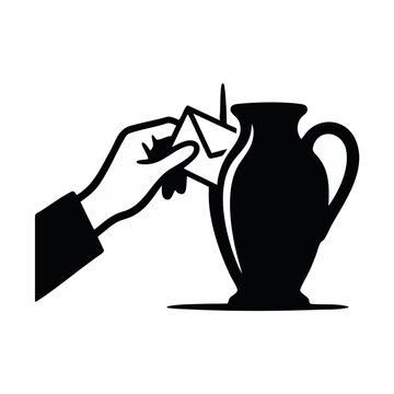 Hand placing love note behind cremation urn. Funeral and memorial service vector graphic. Flat design illustration isolated