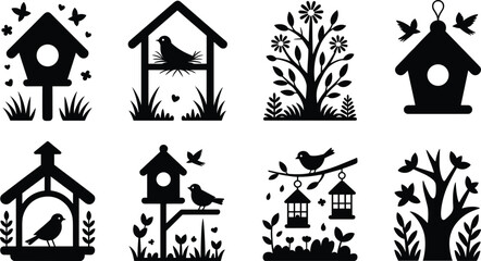 Obraz premium Spring Birdhouse Silhouette Collection with Floral Trees and Garden Elements Vector Illustration