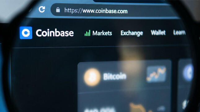Coinbase Cryptocurrency Exchange Website Homepage on Computer Monitor Viewed Through Lens with Bitcoin Market Data Digital Asset Trading Platform Online Finance Technology Blockchain Investment