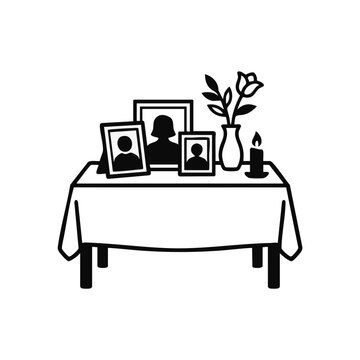 Funeral memorial table with portrait frames and rose vector illustration. Remembrance altar line art graphic. Condolence and mourning design element isolated on transparent background