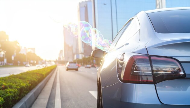 A silver car's exhaust pipe emits a stream of colorful soap bubbles while driving on a city street during sunset