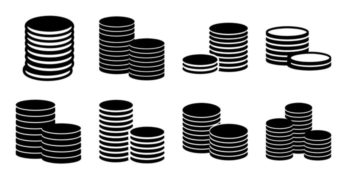 Stacked vintage coins illustration - Minimalist black and white illustration of various stacked vintage coins in a clean, simple design.
