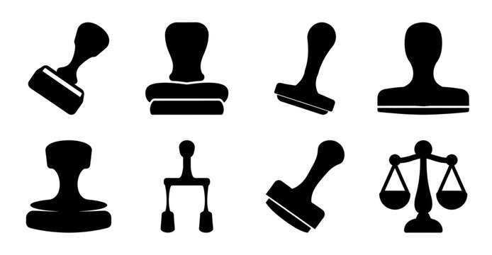 Black judicial stamps and symbols set - Minimalist black vector icons of stamps, gavel, scales, and justice symbols for legal or official designs.