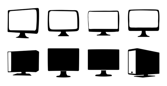 Flat design computer monitors set with one cube - Minimalist vector illustration of five computer monitors, four flat and one cube-shaped, in a simple style.