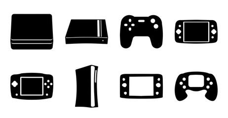 Flat icons set of gaming consoles and controllers - Minimalist black icons showing various gaming consoles and controllers in a clean style. © Md