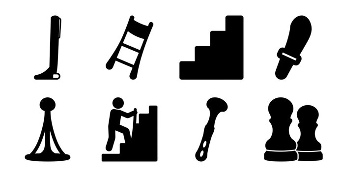 Flat icons of cleaning and chess tools - Minimalist black icons showing broom, mop, ladder, step stool, duster, and chess pieces for cleaning and game themes.